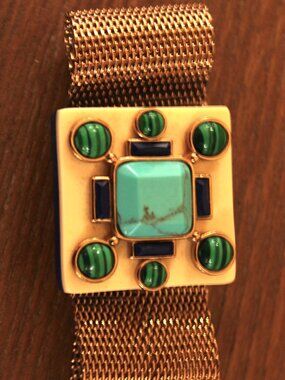 Tory Burch Vintage-Style Gold Mesh Bracelet | Turquoise Green Navy Statement Cuf